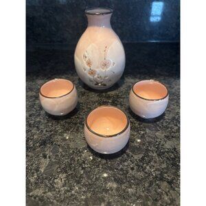 Vintage Japanese Sake Set With Floral Design -- Pink & White Sousaku silver Trim